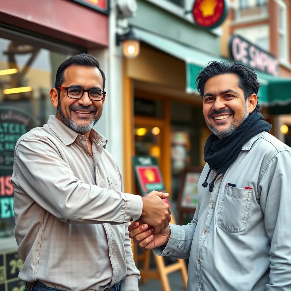 A close-up of two business owners shaking hands, smiling, and standing in front of their respective shops. Background includes colorful storefronts and a bustling neighborhood, symbolizing trust and partnership in a vibrant community.