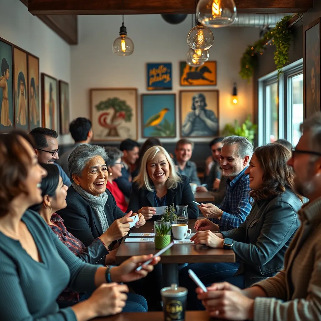  A community gathering of small business owners in a cozy café, happily discussing referrals. The scene is vibrant, with diverse individuals of various ages and backgrounds, exchanging business cards, smiling, and engaging in conversations, surrounded by local art on the walls.