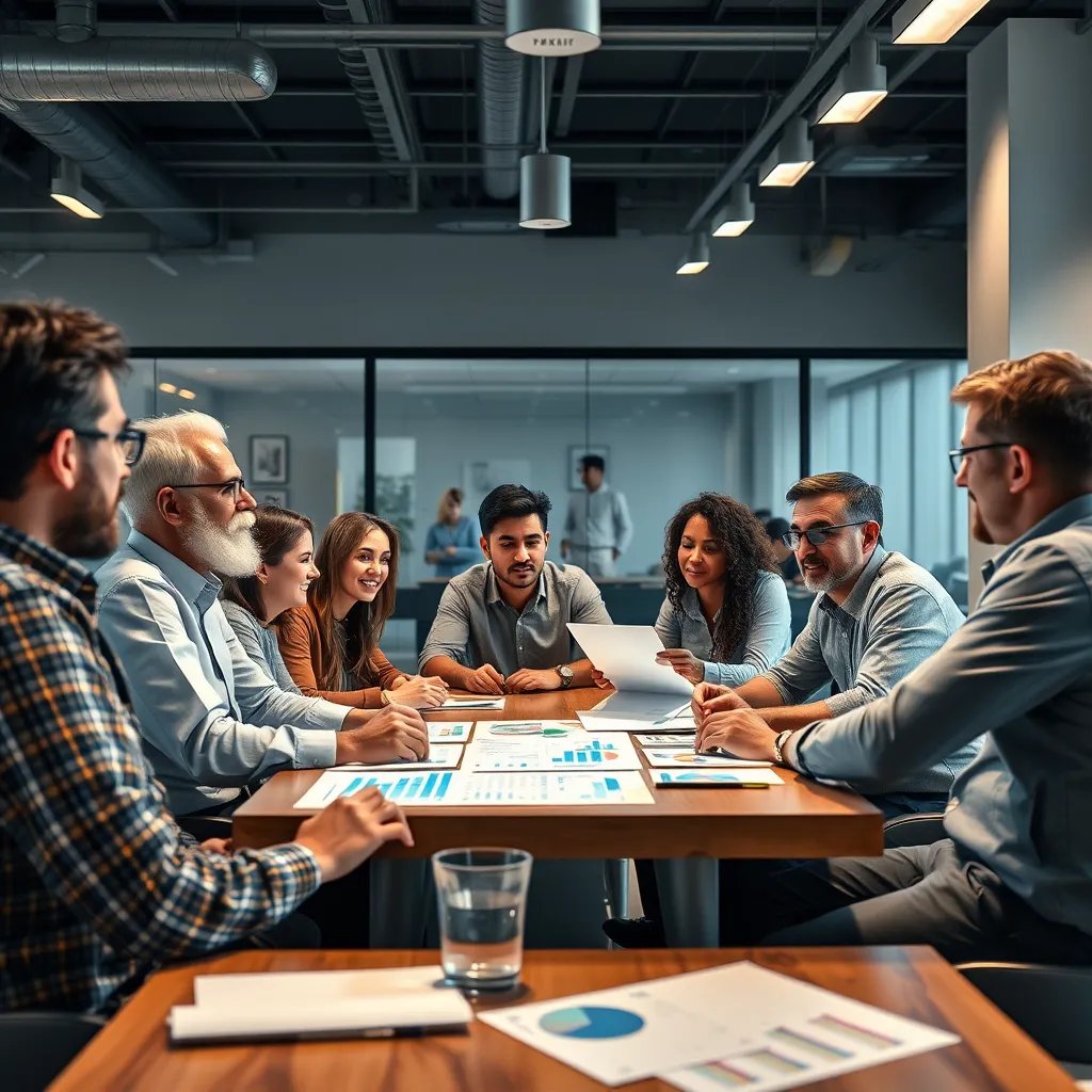 A diverse group of business owners gathered around a table in a community meeting space, discussing strategies and sharing ideas. Charts and graphs are visible, highlighting collaboration in an inspiring atmosphere filled with optimism.