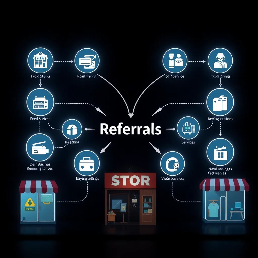  An infographic-style image depicting a flow of referrals between businesses, with arrows connecting different local shops and services. Icons representing various sectors like food, retail, and services are illustrated, emphasizing a thriving referral network within a community setting.